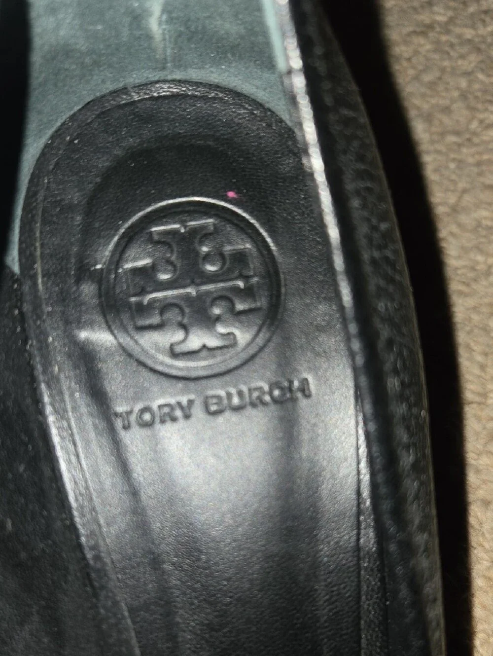 Tory Burch Black Leather Peep-Toe Heels with Silver Logo Medallion